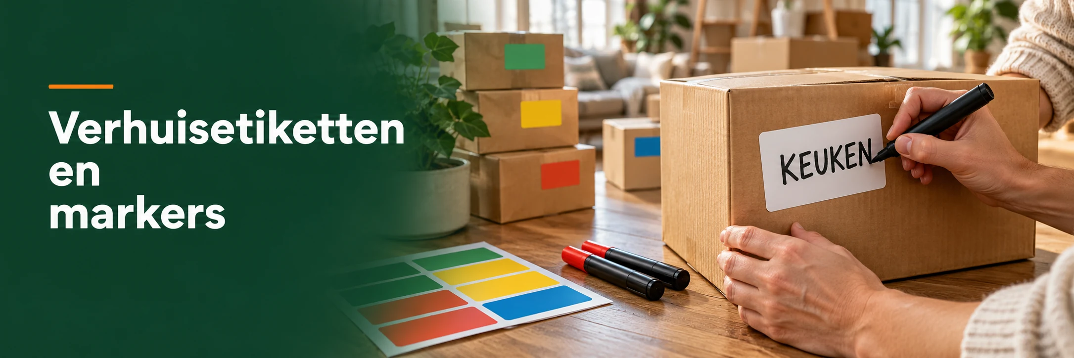 Verhuisetiketten en markers in een geïllustreerde gebruikssituatie