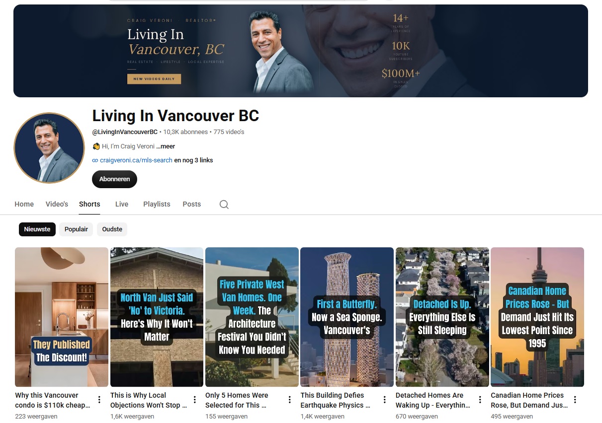 YouTube-kanaal Living in Vancouver BC van Craig Veroni, met voorbeelden van lokale vastgoedshorts